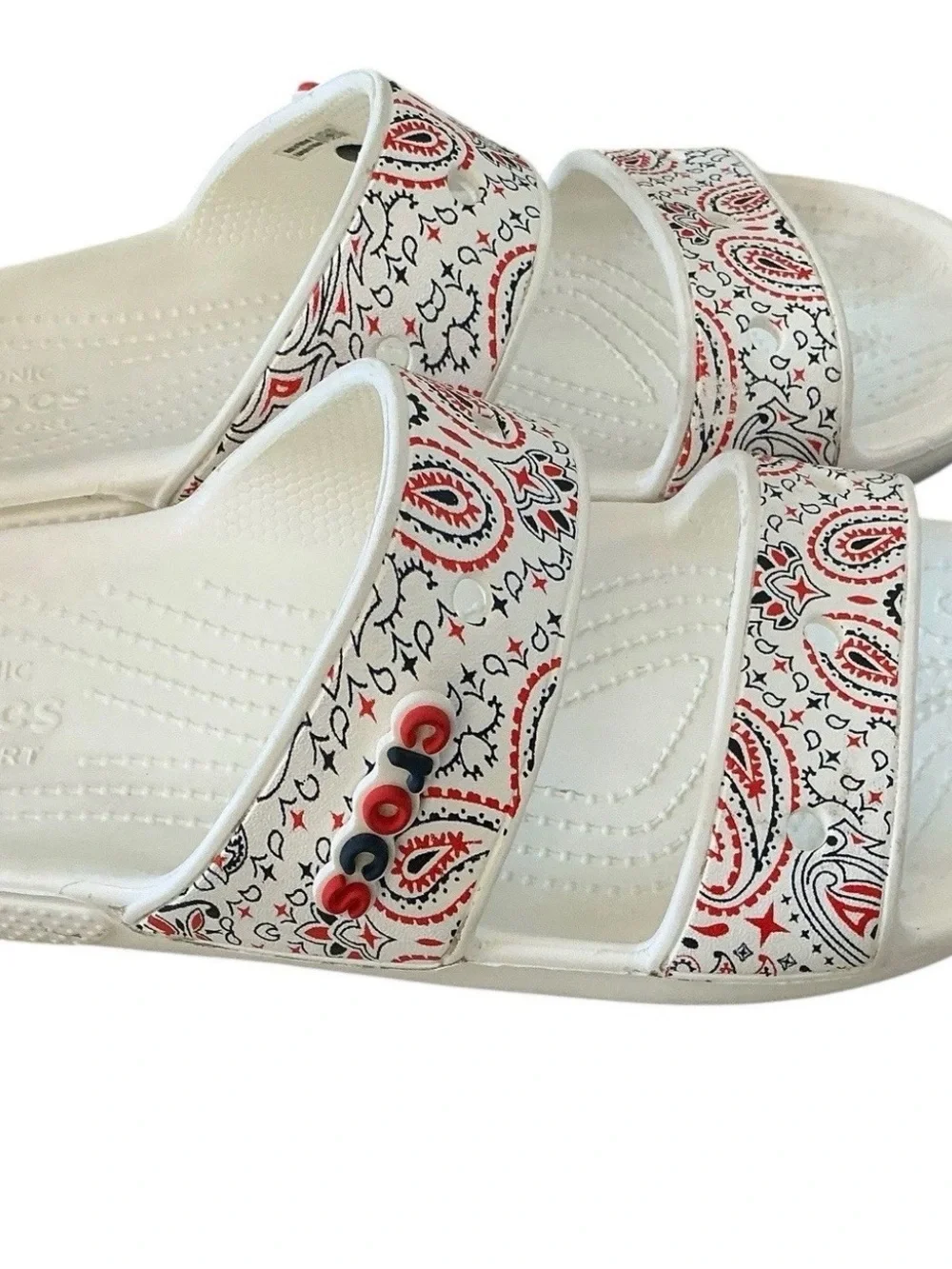 Crocs white red blue paisley print Americana sandals slides size 9 - Picture 1 of 5